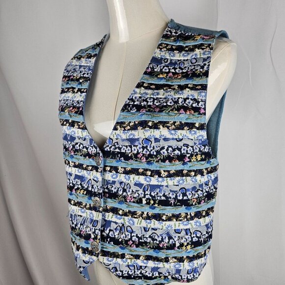 Vintage Boho Cottagecore Large Floral Patchwork Stripes Vest Embroidered Blue - Picture 3 of 9